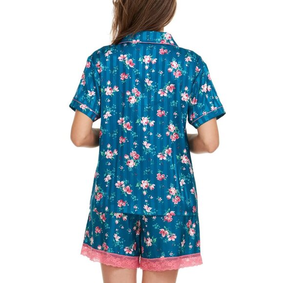 Flora Nikrooz Womens Notch Collar PJ Set Charmeuse Blue Pink NWT - Picture 3 of 5